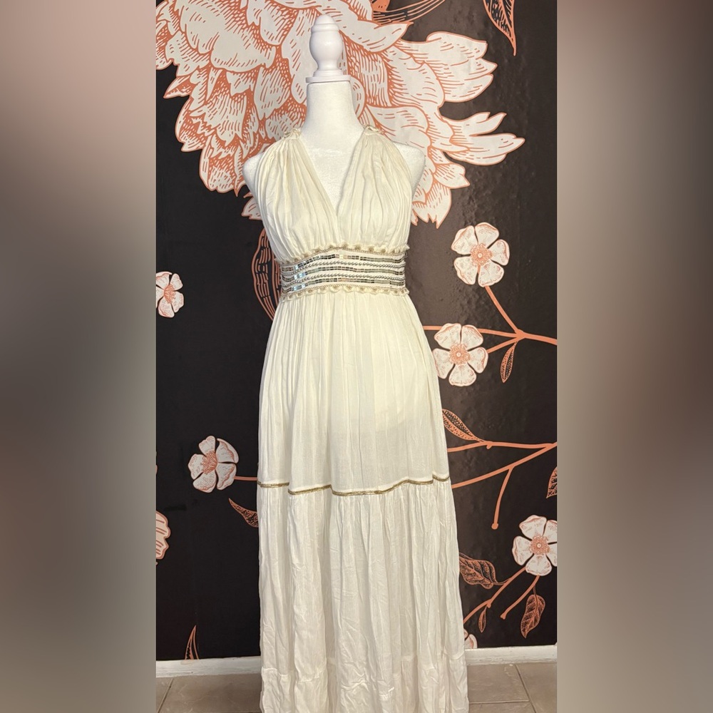 ROMANTIC Grecian Goddess White Halter Backless Beaded Empire Waist Maxi Dress